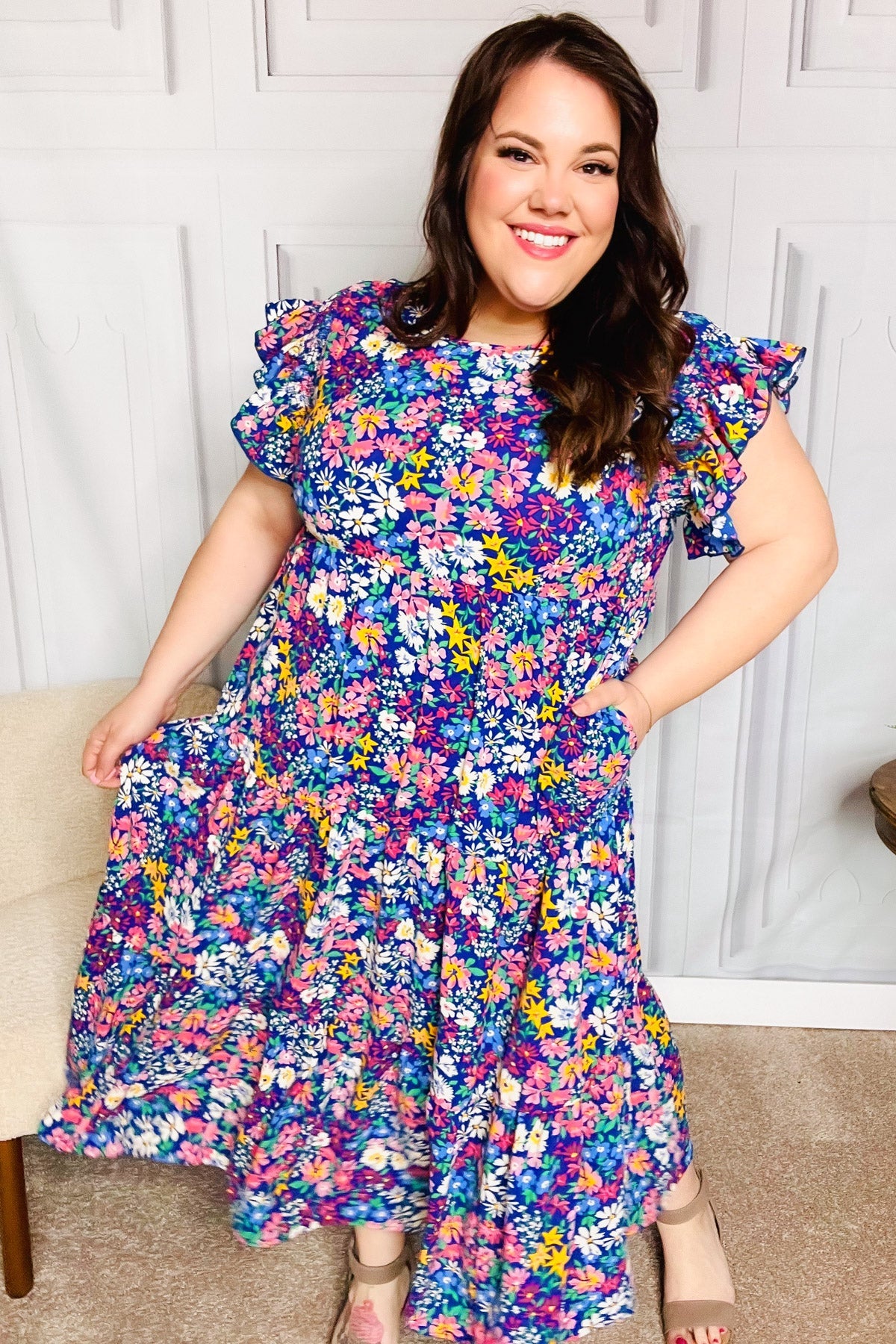 Haptics Just A Dream Navy Floral Smocked Ruffle Sleeve Maxi Dress