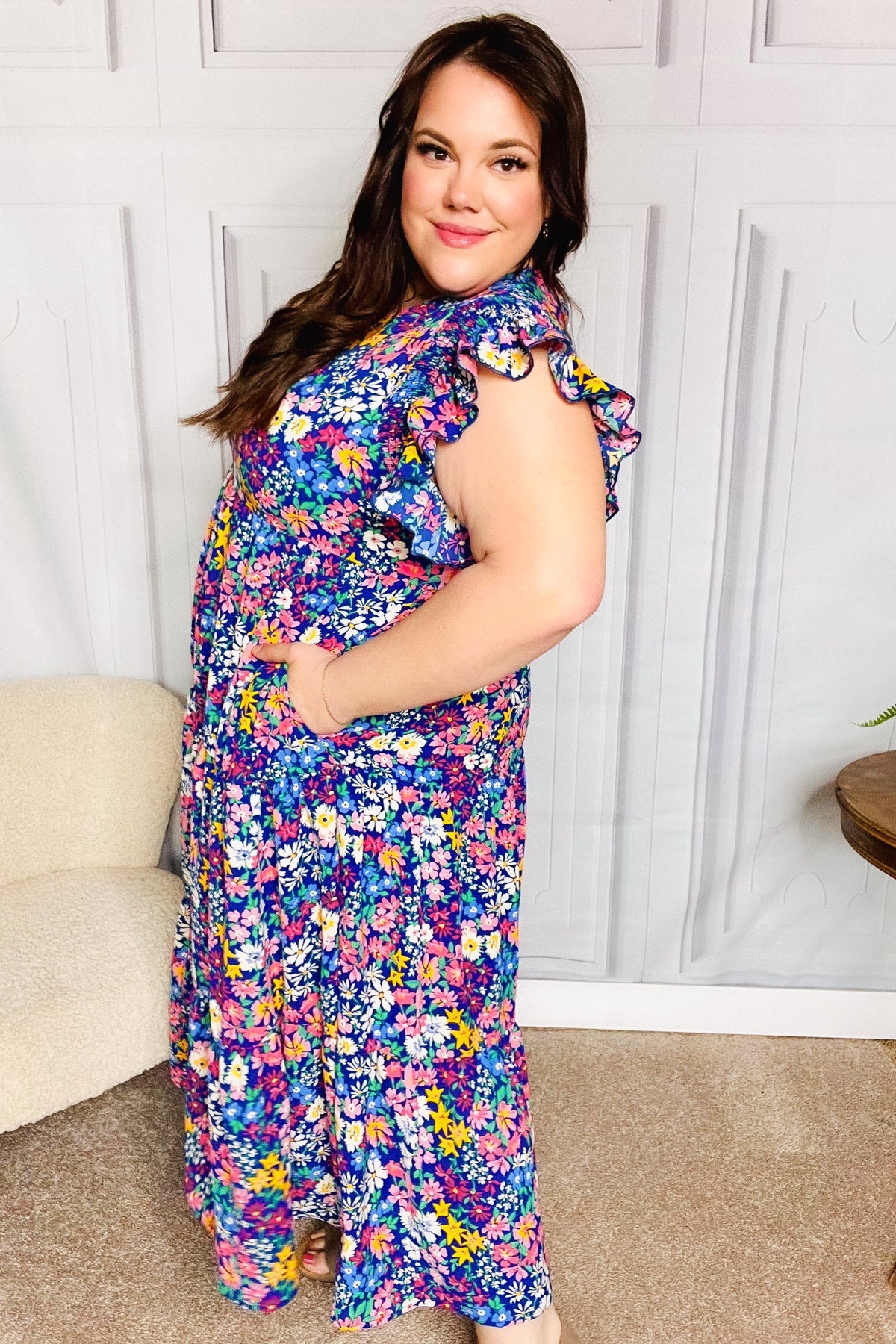 Haptics Just A Dream Navy Floral Smocked Ruffle Sleeve Maxi Dress