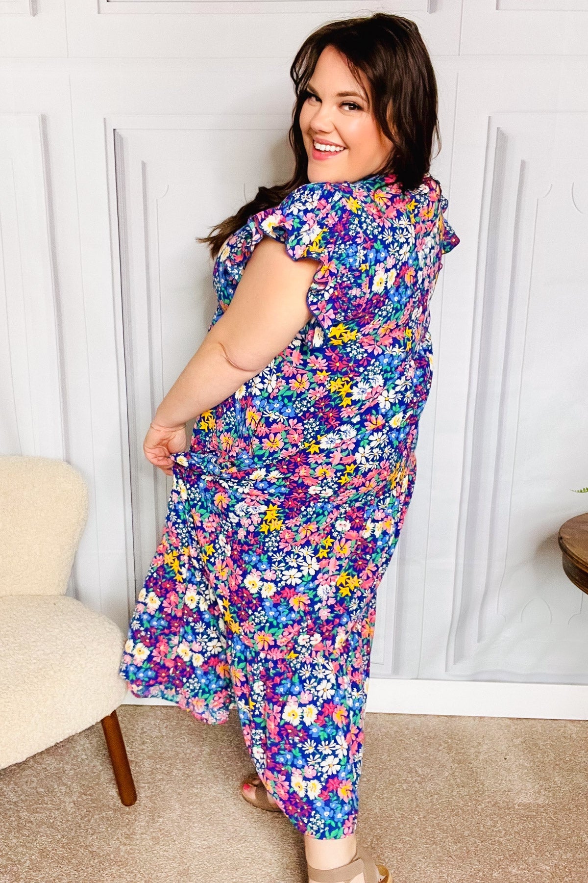 Haptics Just A Dream Navy Floral Smocked Ruffle Sleeve Maxi Dress