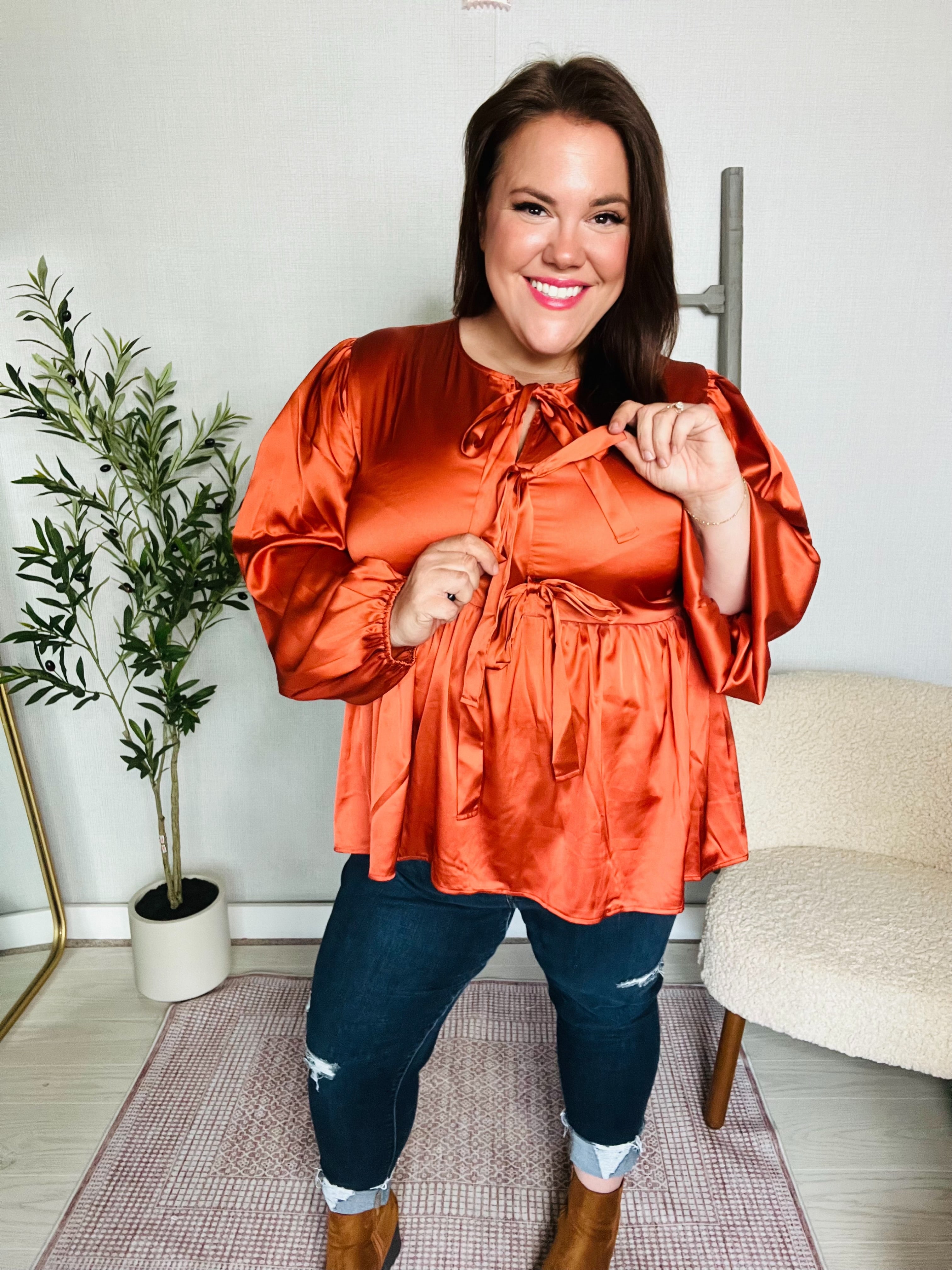 Haptics Babydoll Rust With Front Ribbon Bow Tie Blouse