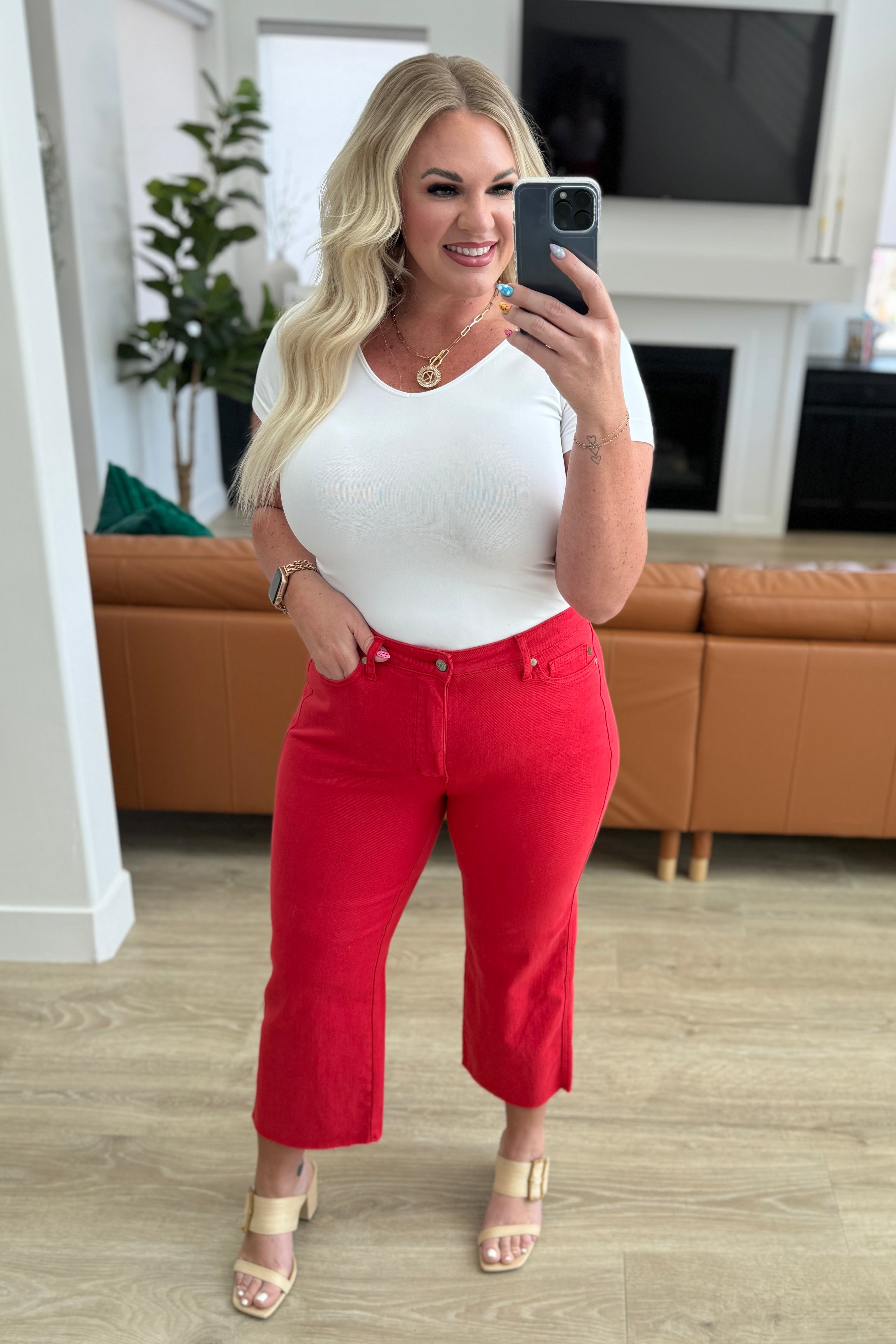 Judy Blue Lisa High Rise Control Top Wide Leg Crop Jeans in Red Denim