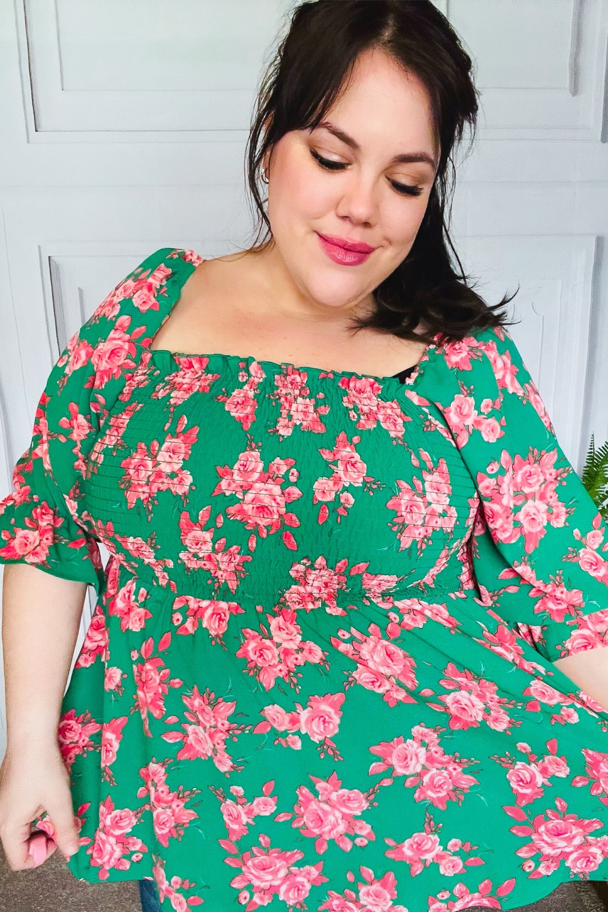 Haptics Sumptuous In Smocked Green & Coral Flower Print Babydoll Top Final Sale