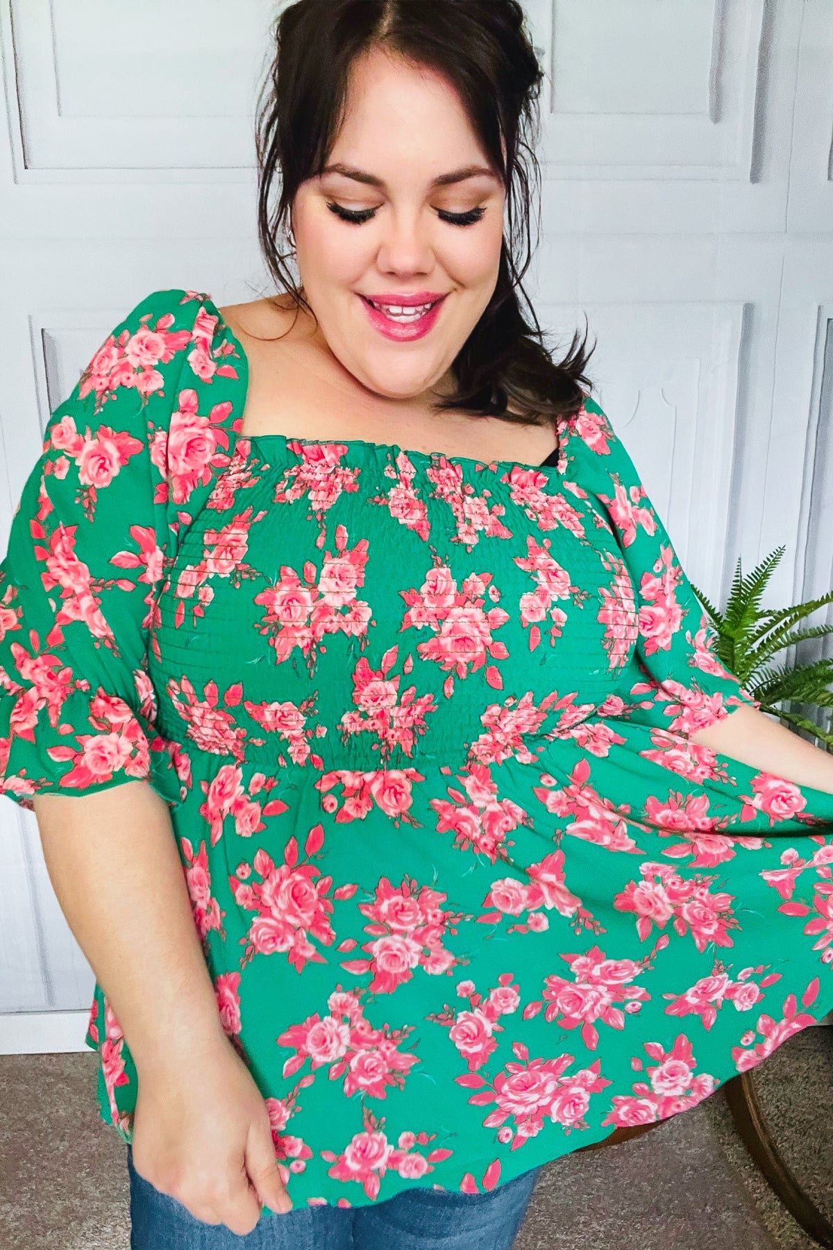 Haptics Sumptuous In Smocked Green & Coral Flower Print Babydoll Top Final Sale
