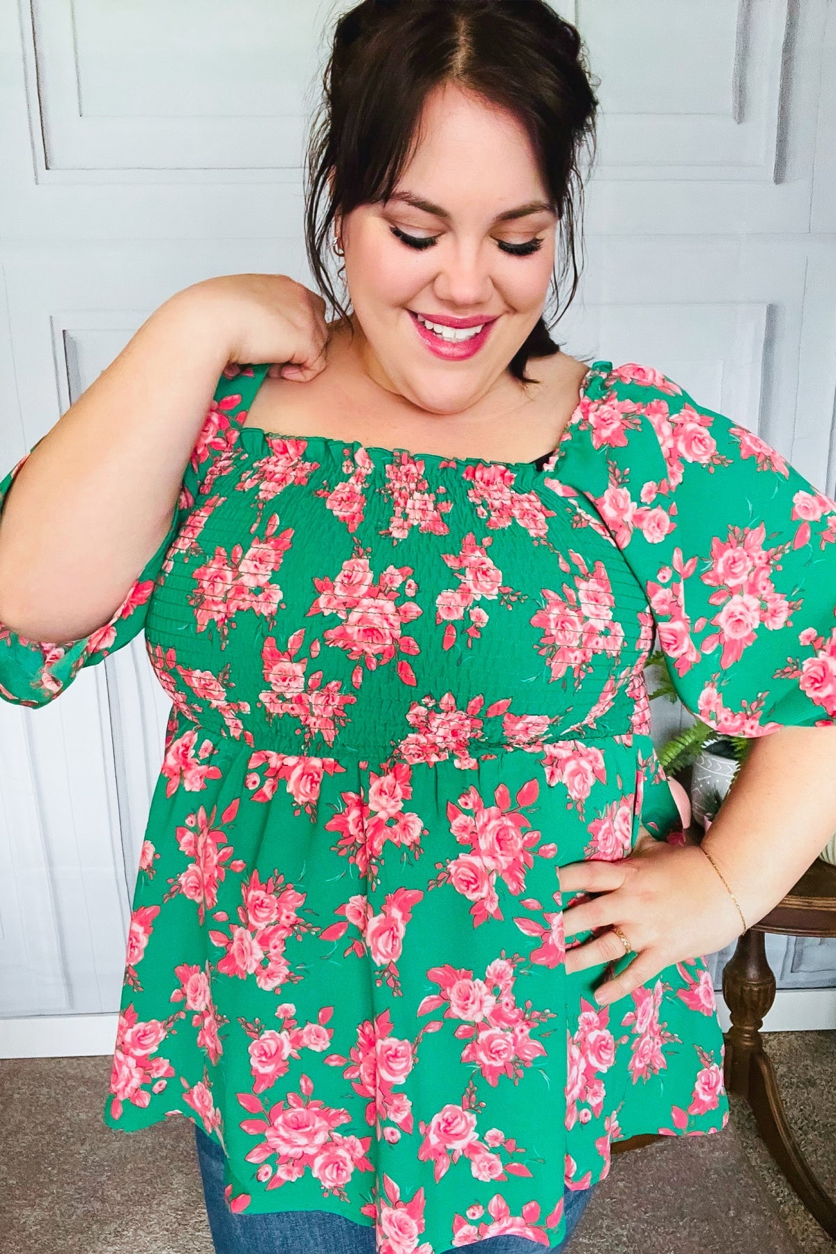 Haptics Sumptuous In Smocked Green & Coral Flower Print Babydoll Top Final Sale