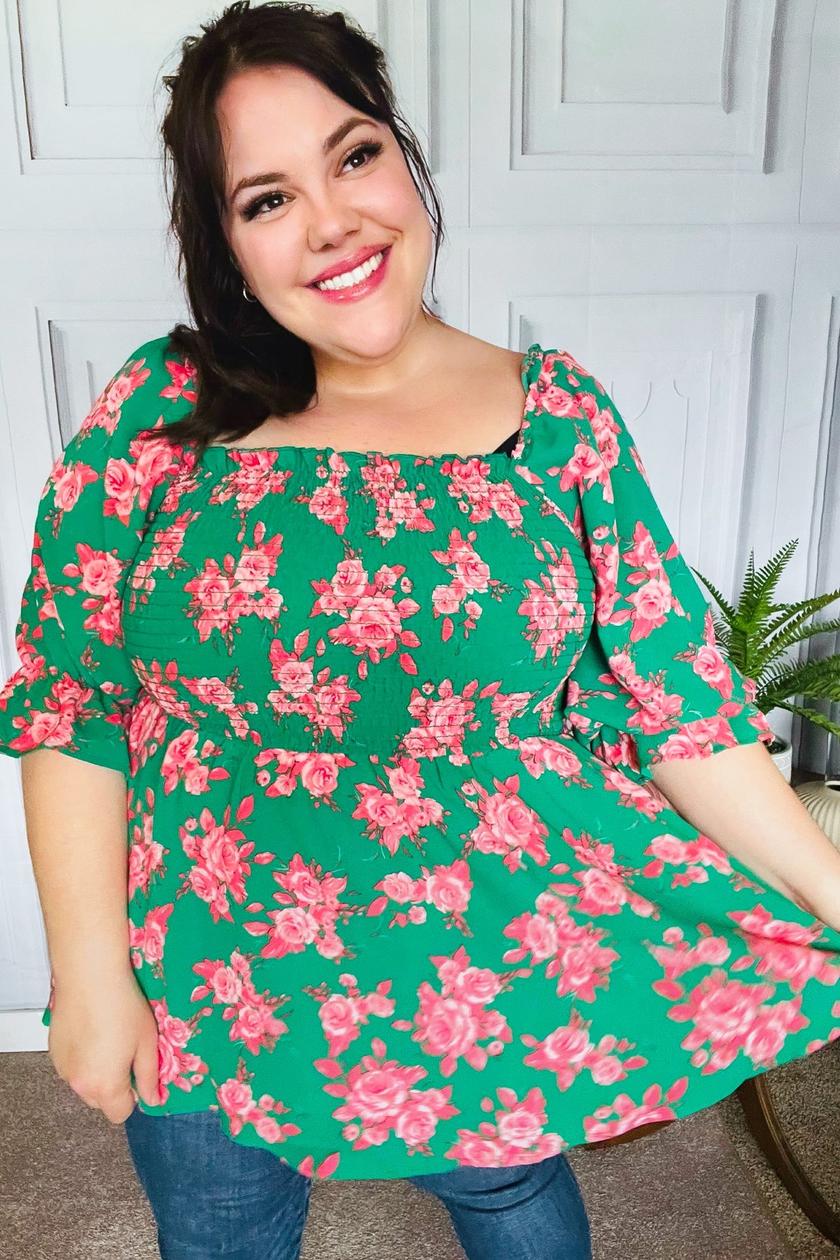 Haptics Sumptuous In Smocked Green & Coral Flower Print Babydoll Top Final Sale