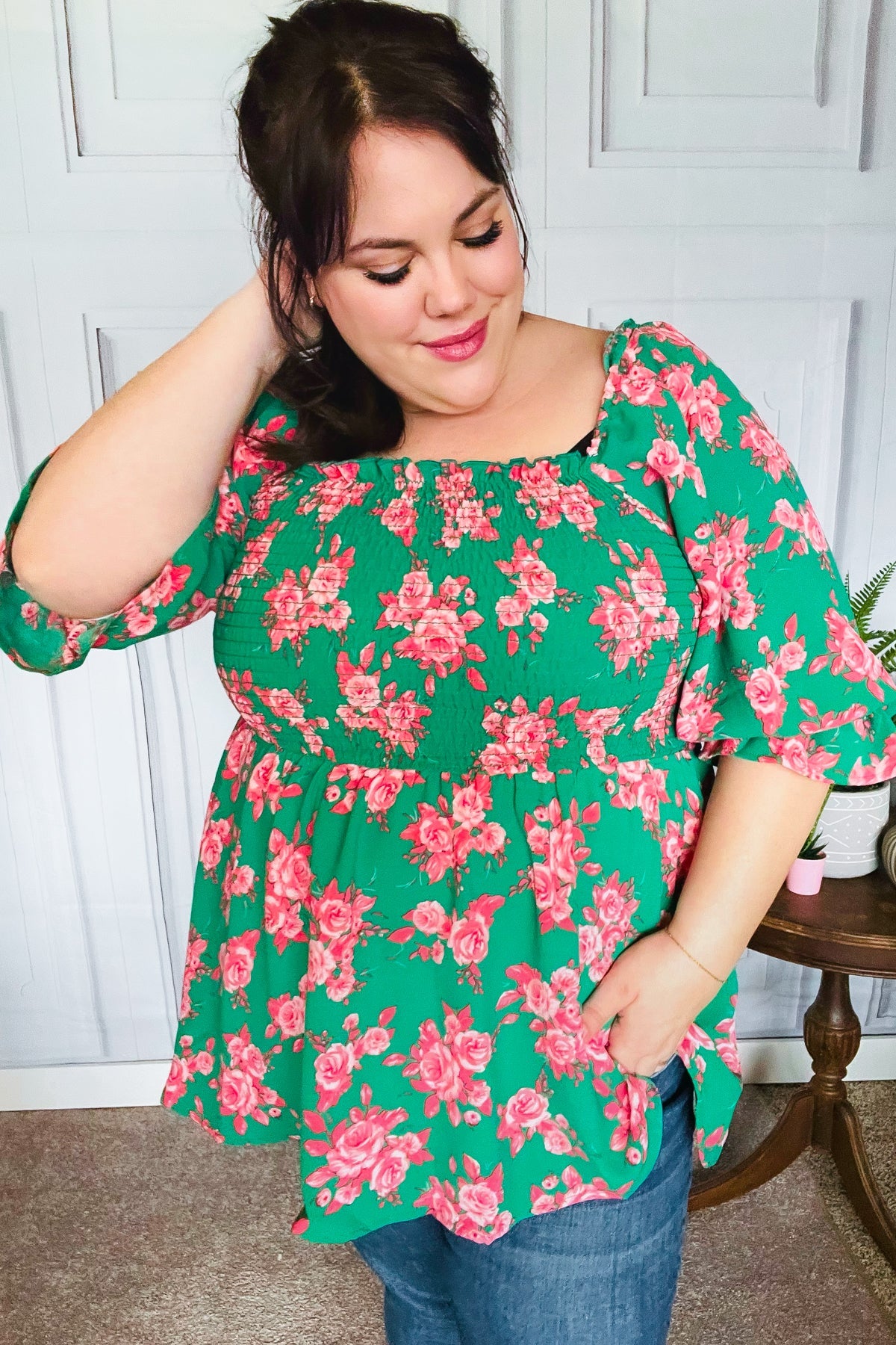 Haptics Sumptuous In Smocked Green & Coral Flower Print Babydoll Top Final Sale