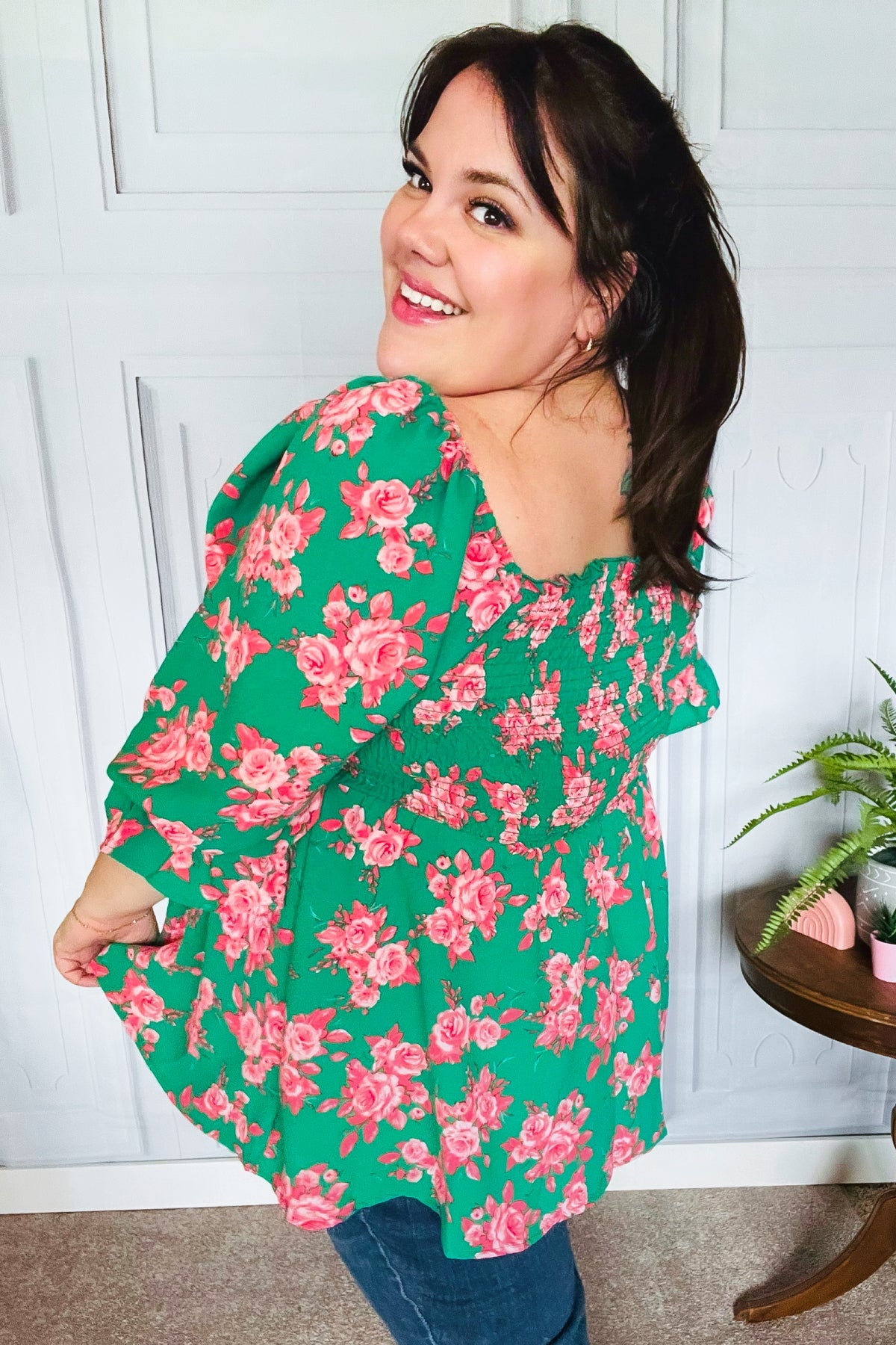 Haptics Sumptuous In Smocked Green & Coral Flower Print Babydoll Top Final Sale