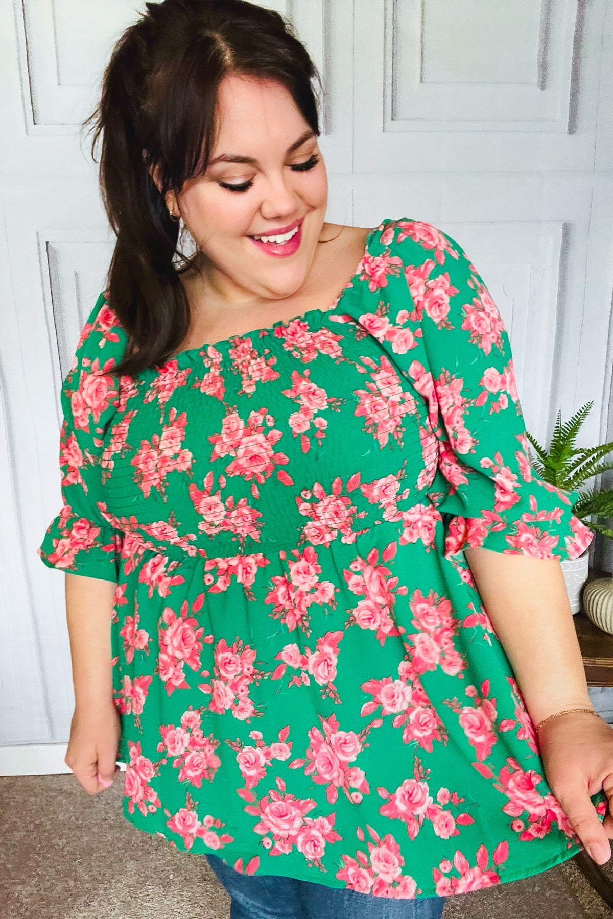 Haptics Sumptuous In Smocked Green & Coral Flower Print Babydoll Top Final Sale