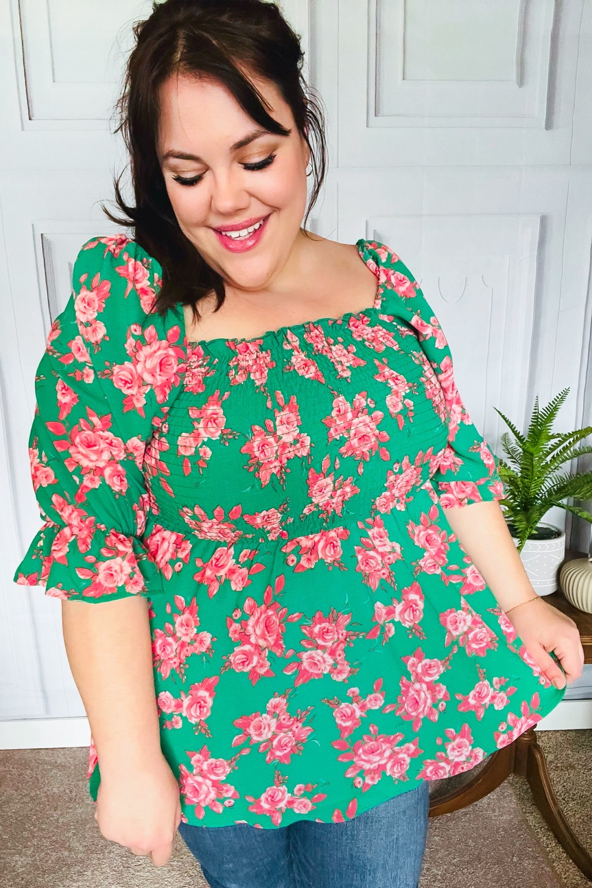 Haptics Sumptuous In Smocked Green & Coral Flower Print Babydoll Top Final Sale