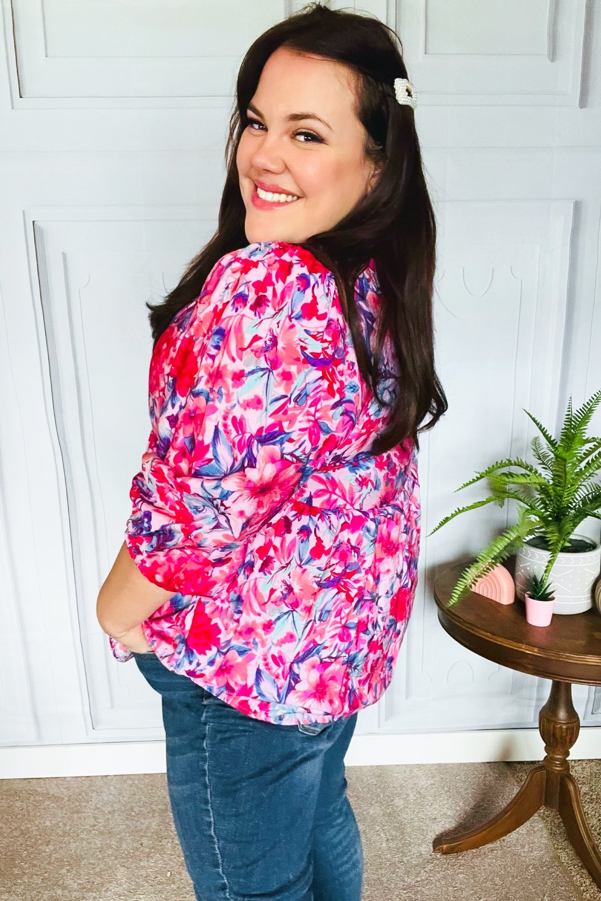 Haptics Feeling Femmi Pink & Fuchsia Floral Peplum Woven Top Final Sale