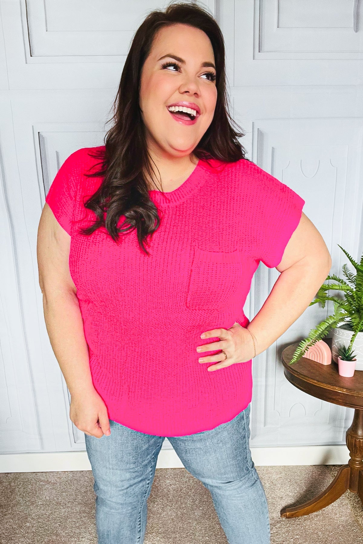 Haptics Best In Bold Hot Pink Dolman Ribbed Knit Sweater Top Final Sale 2024 Summer Blow Out Sale