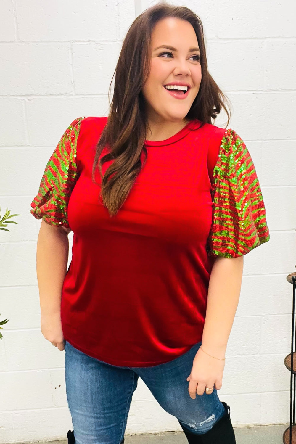 Haptics Red & Green Sequin Puff Sleeve Velvet Top Shirts & Tops