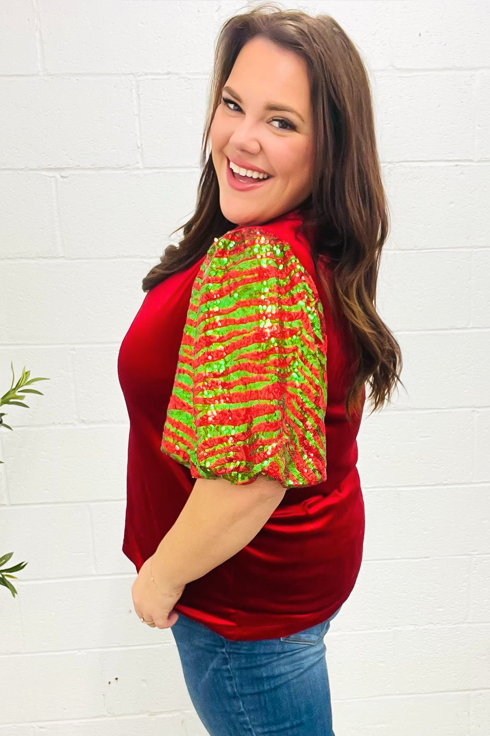 Haptics Red & Green Sequin Puff Sleeve Velvet Top Shirts & Tops