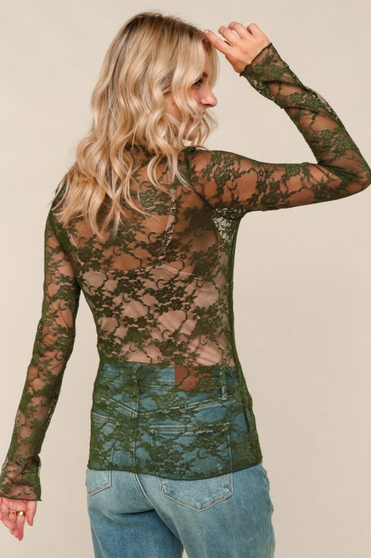 Haptics Olive Semi Sheer Lace Long Sleeve Top