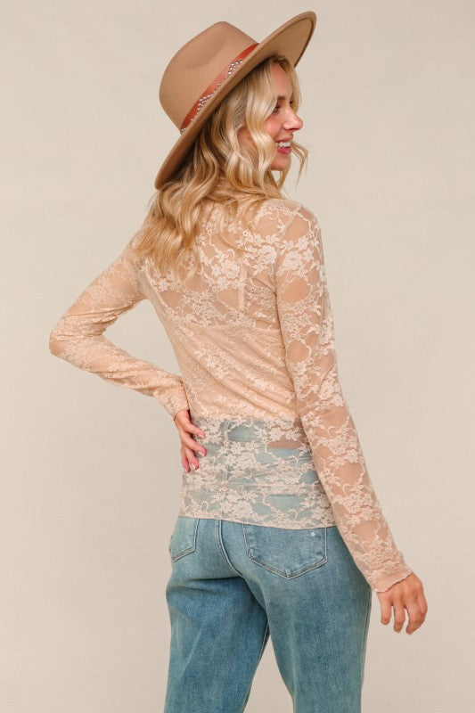 Haptics Tan Semi Sheer Lace Long Sleeve Top