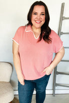 Haptics Coral Collar Notch Neck Waffle Knit Top