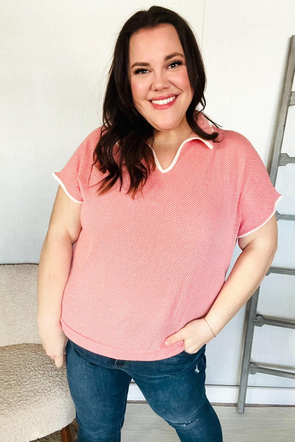 Haptics Coral Collar Notch Neck Waffle Knit Top