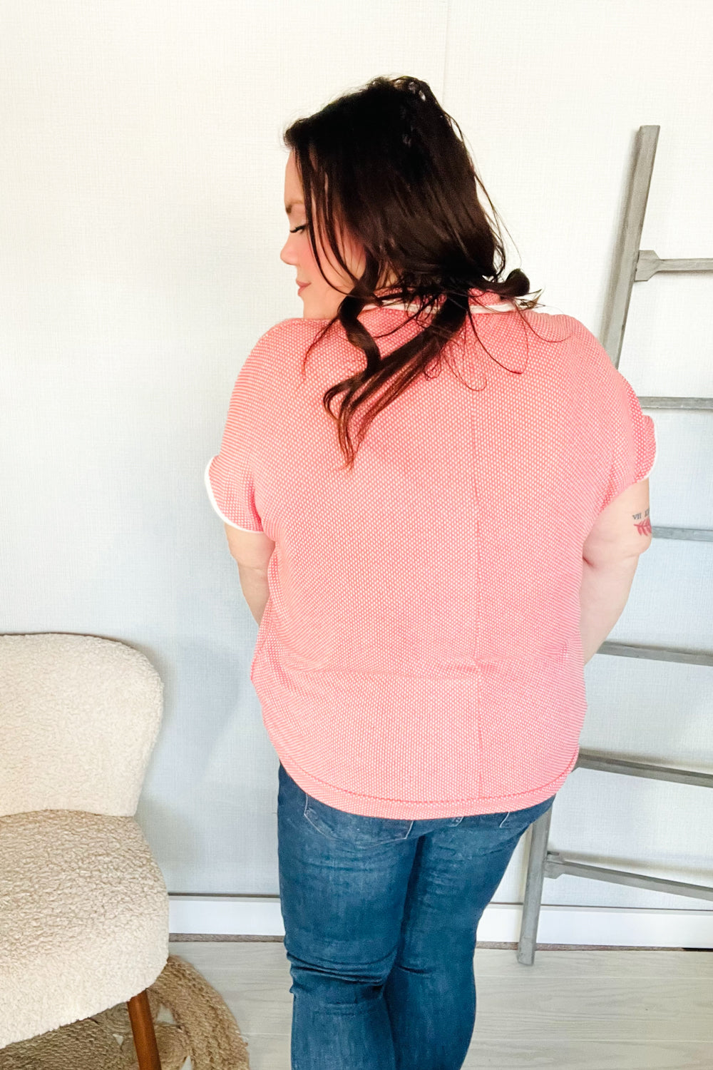 Haptics Coral Collar Notch Neck Waffle Knit Top