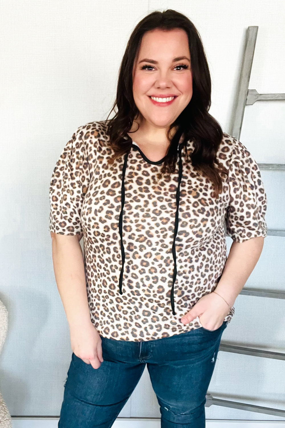 Haptics Animal Print Collar Notch Front Tie Knit Top