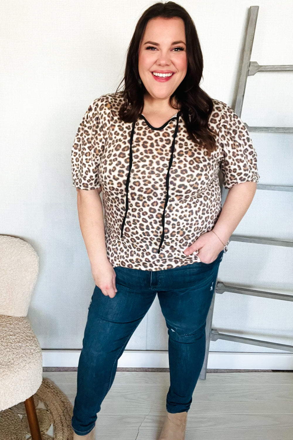 Haptics Animal Print Collar Notch Front Tie Knit Top