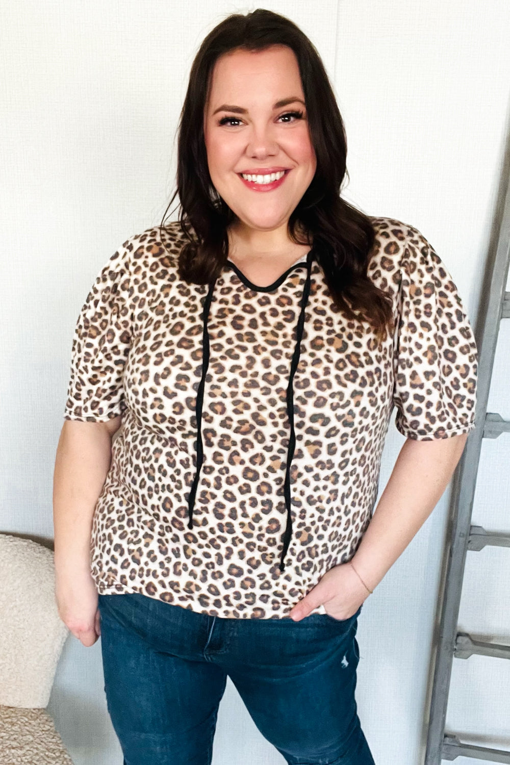 Haptics Animal Print Collar Notch Front Tie Knit Top