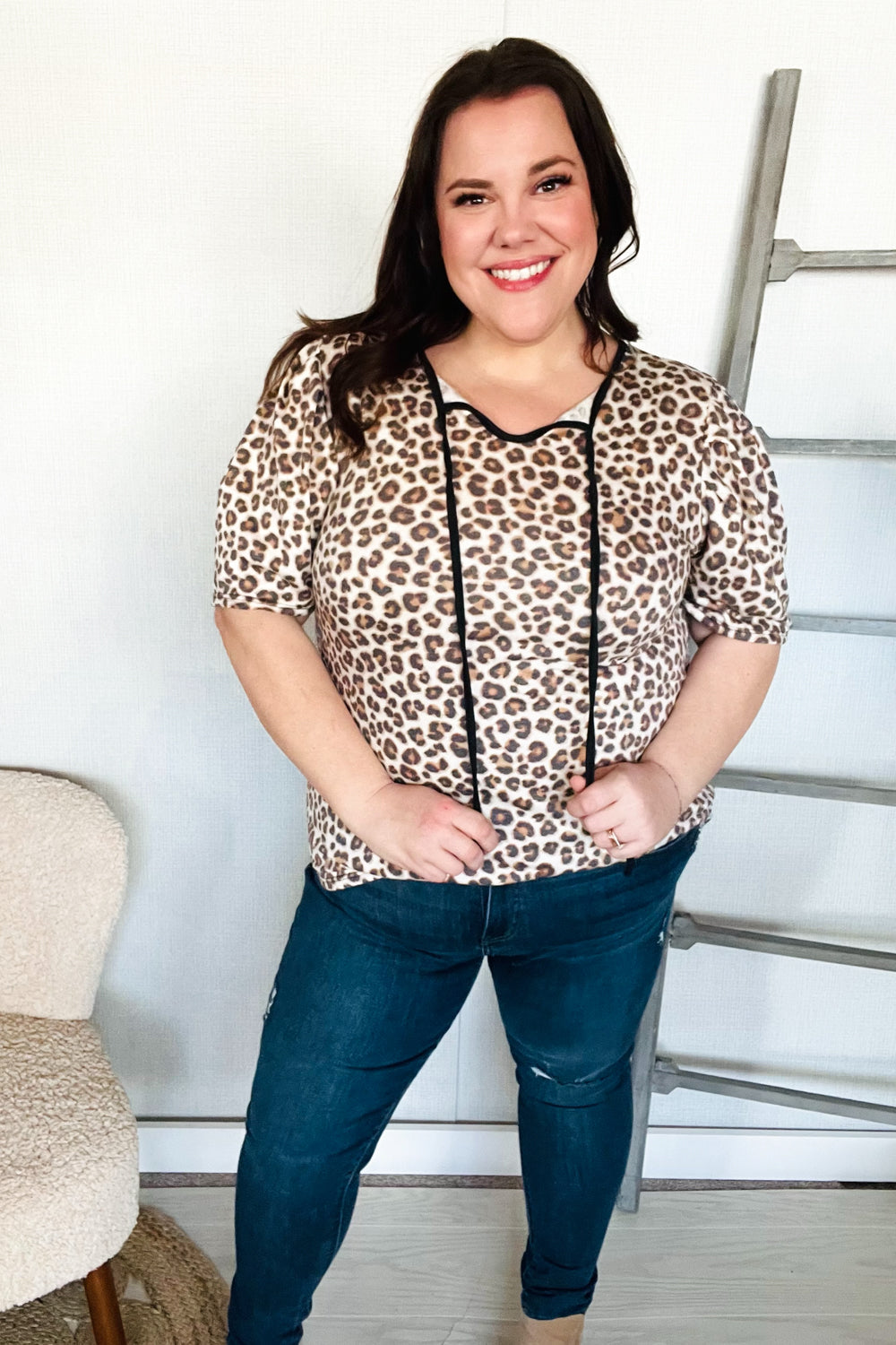 Haptics Animal Print Collar Notch Front Tie Knit Top