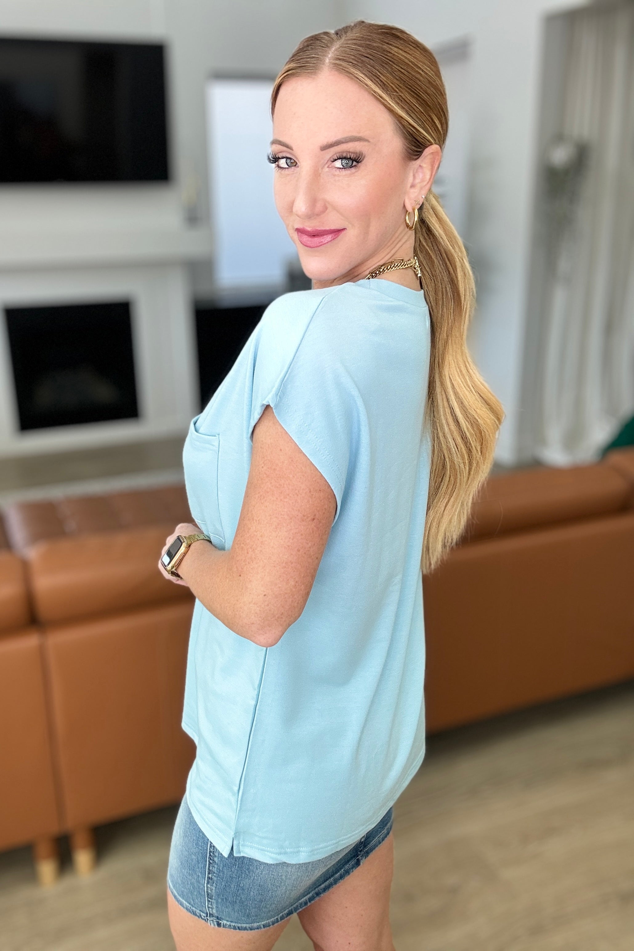 One Eleven North Not So Basic Pocket Tee in Blue Tops