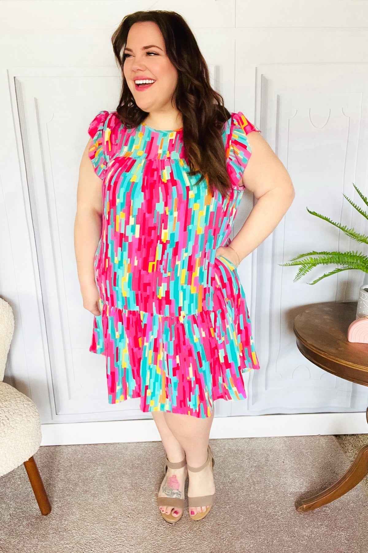 Haptics Feeling Bold Multicolor Abstract Print Tiered Ruffle Sleeve Dress 2024 Summer Blow Out Sale