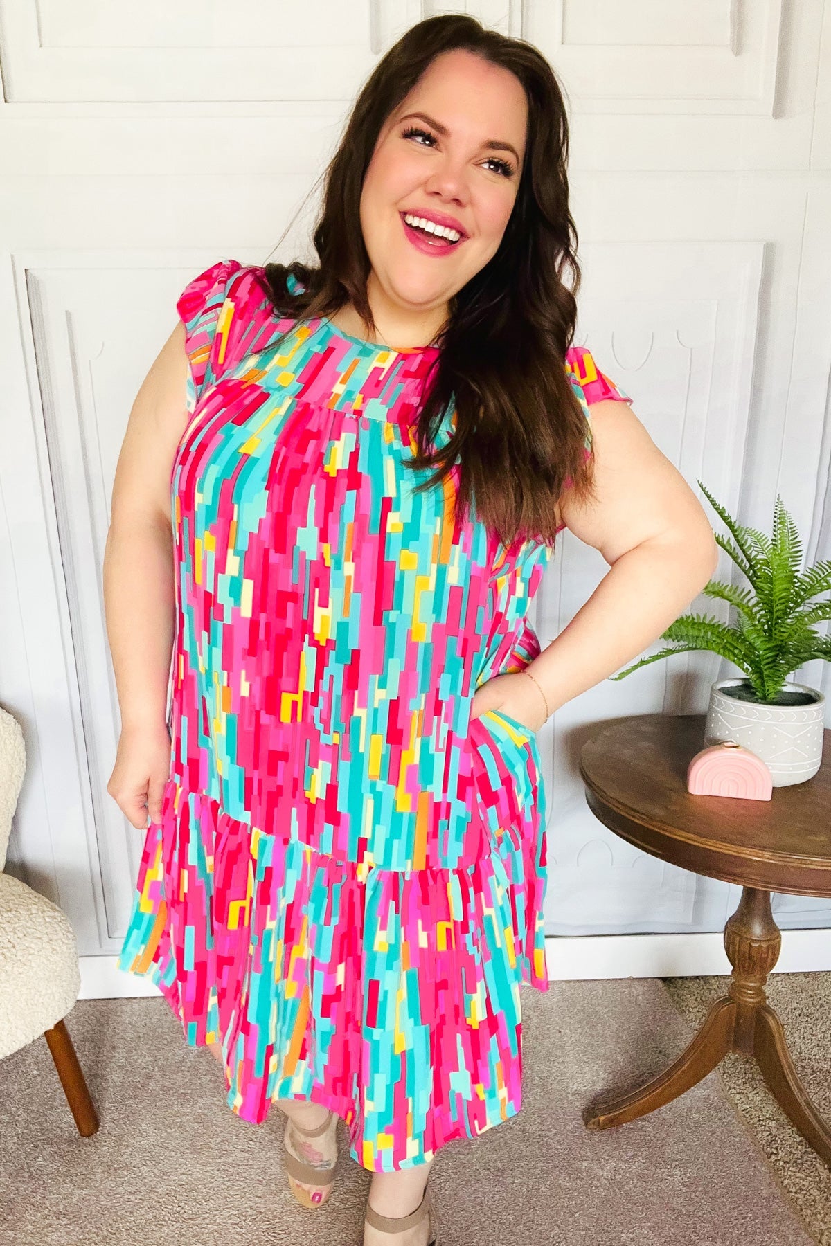 Haptics Feeling Bold Multicolor Abstract Print Tiered Ruffle Sleeve Dress 2024 Summer Blow Out Sale