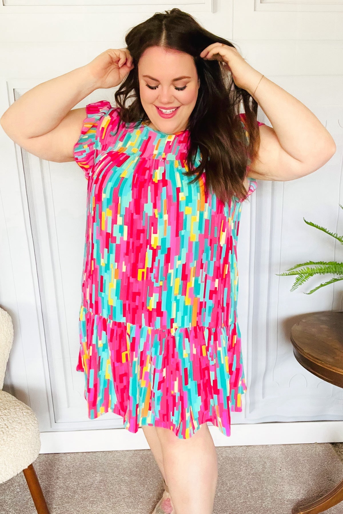 Haptics Feeling Bold Multicolor Abstract Print Tiered Ruffle Sleeve Dress 2024 Summer Blow Out Sale