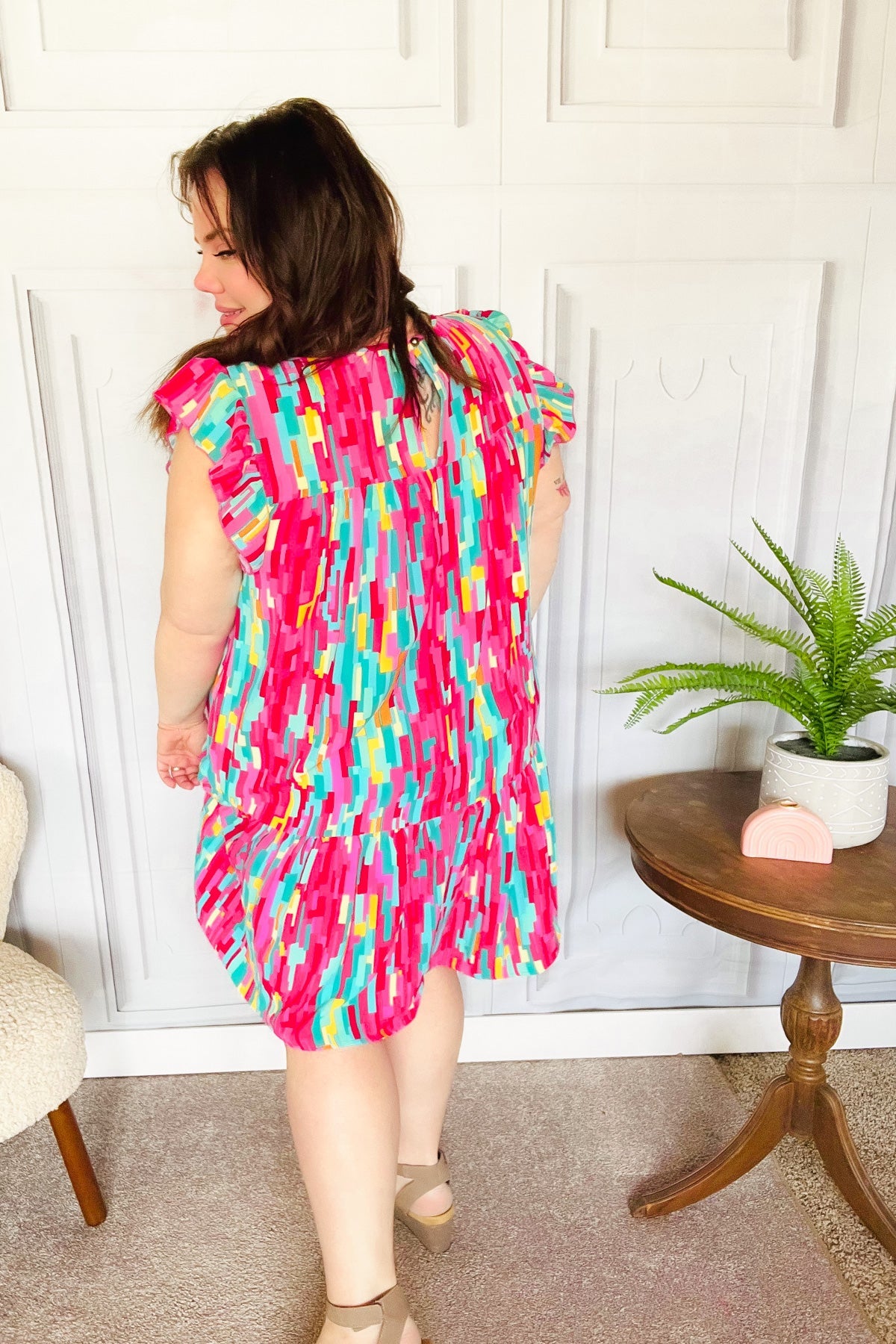 Haptics Feeling Bold Multicolor Abstract Print Tiered Ruffle Sleeve Dress 2024 Summer Blow Out Sale