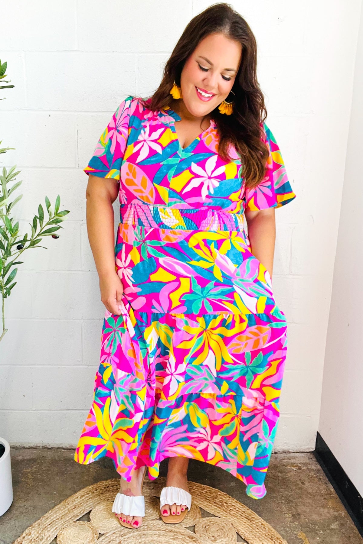 Haptics Tropical Trance Fuchsia Floral Smocked Waist Maxi Dress