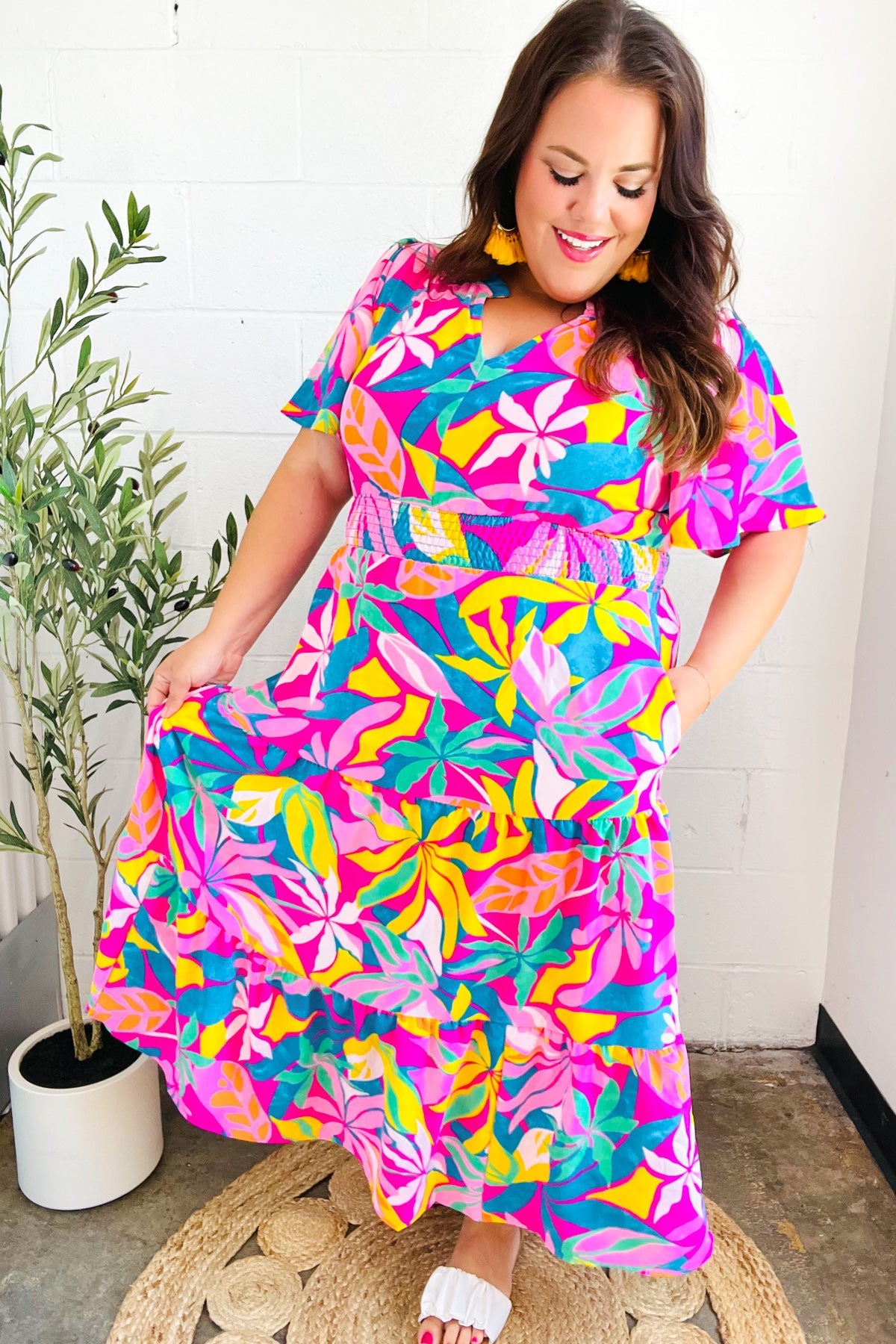 Haptics Tropical Trance Fuchsia Floral Smocked Waist Maxi Dress