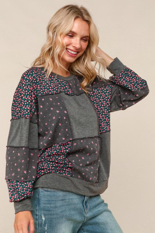 Haptics Charcoal French Terry Ditsy Floral Print Pullover Top