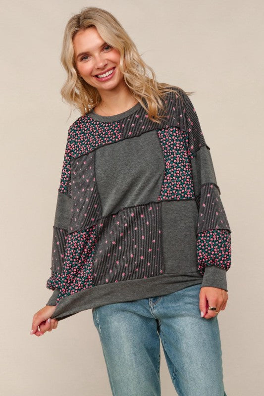 Haptics Charcoal French Terry Ditsy Floral Print Pullover Top