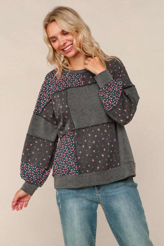 Haptics Charcoal French Terry Ditsy Floral Print Pullover Top