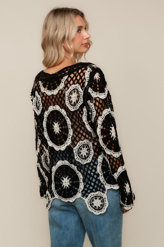 Haptics Black & White Floral Crochet Lace Cover-Up Sweater Top
