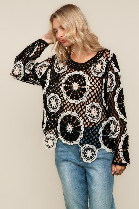 Haptics Black & White Floral Crochet Lace Cover-Up Sweater Top