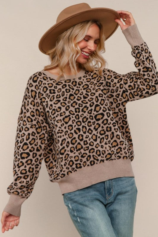 Haptics Leopard Jacquard Pullover Sweater Knit Top