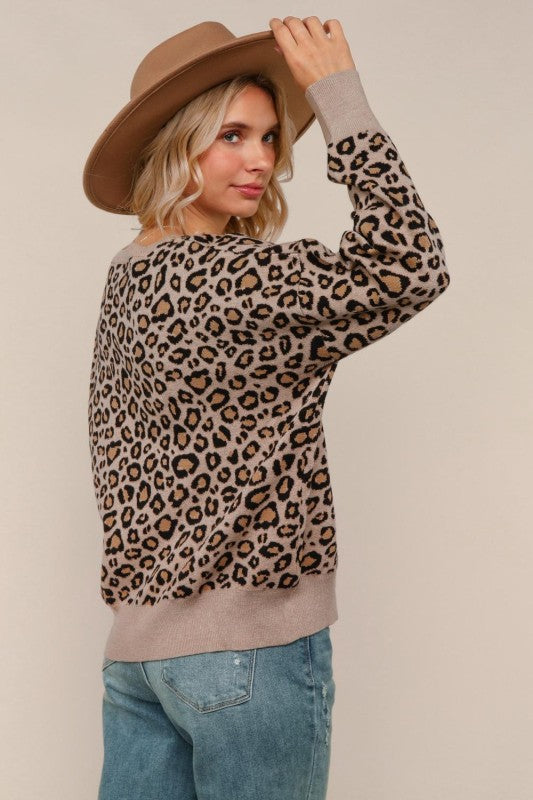 Haptics Leopard Jacquard Pullover Sweater Knit Top