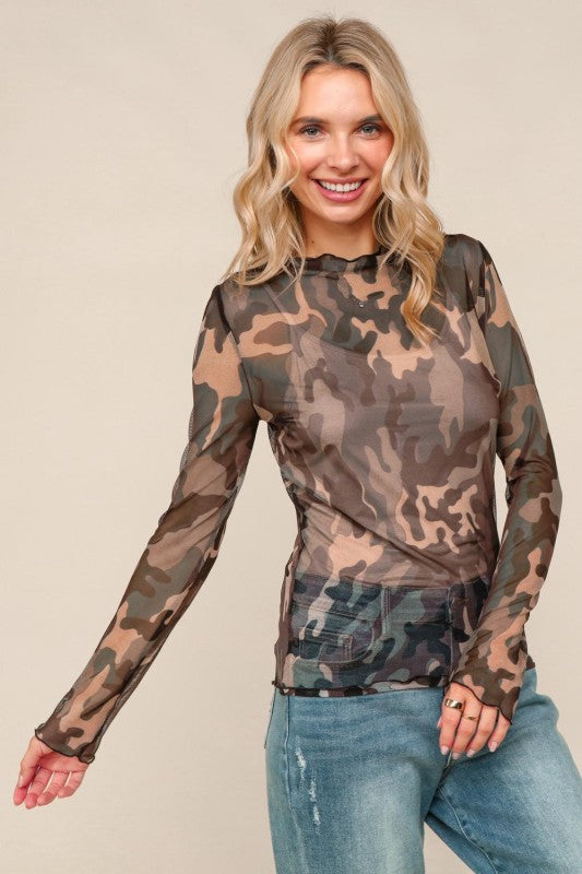 Haptics High Neck Line Camouflage Mesh Semi Sheer Top
