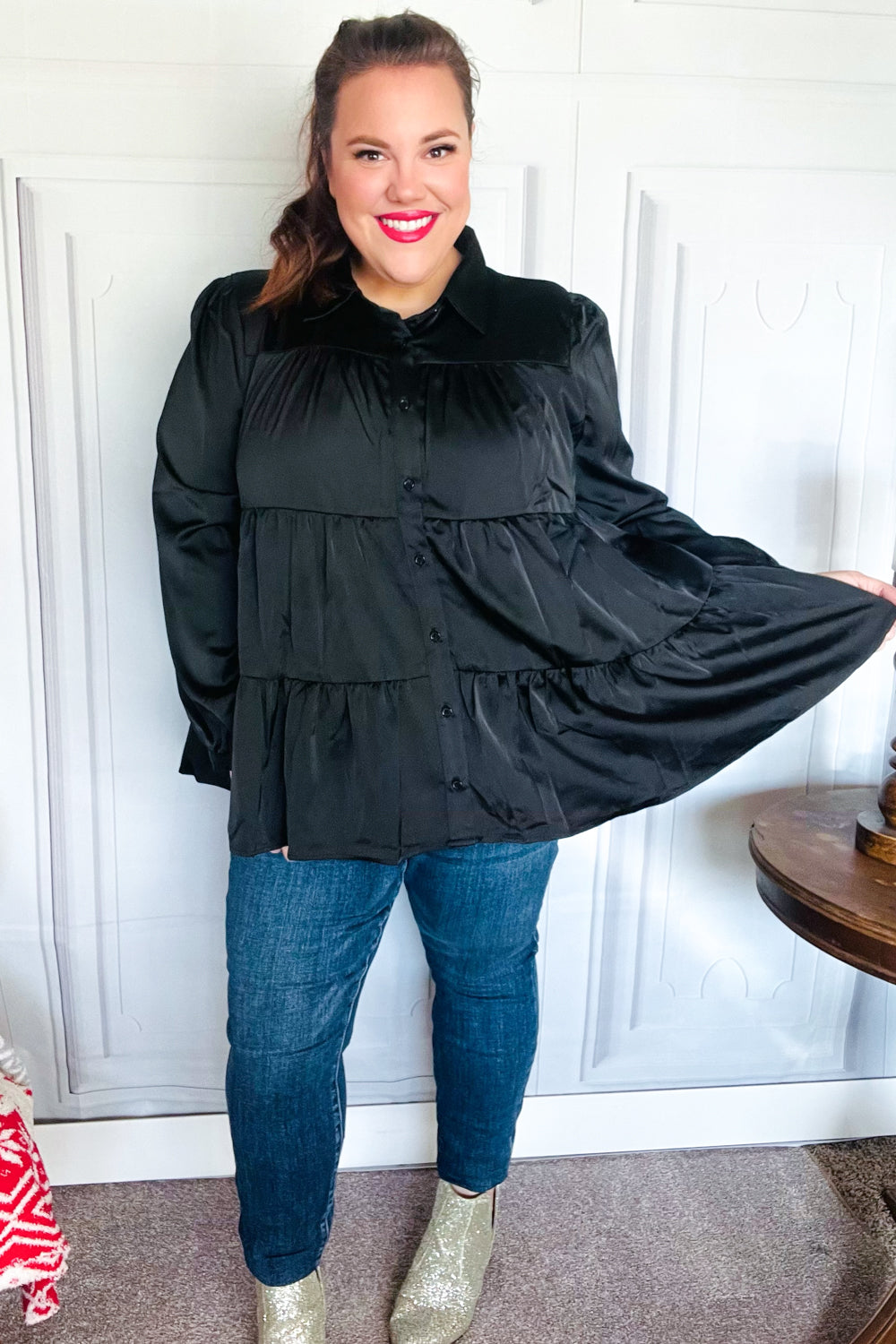 Haptics Perfectly You Black Button Down Tiered Babydoll Satin Top Final Sale