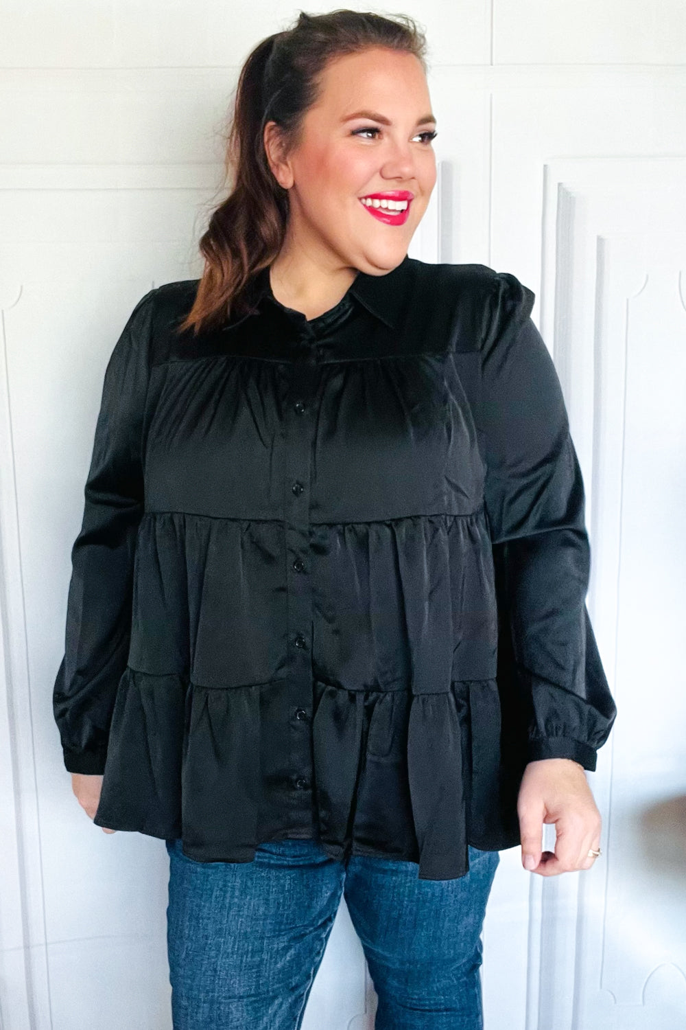 Haptics Perfectly You Black Button Down Tiered Babydoll Satin Top Final Sale