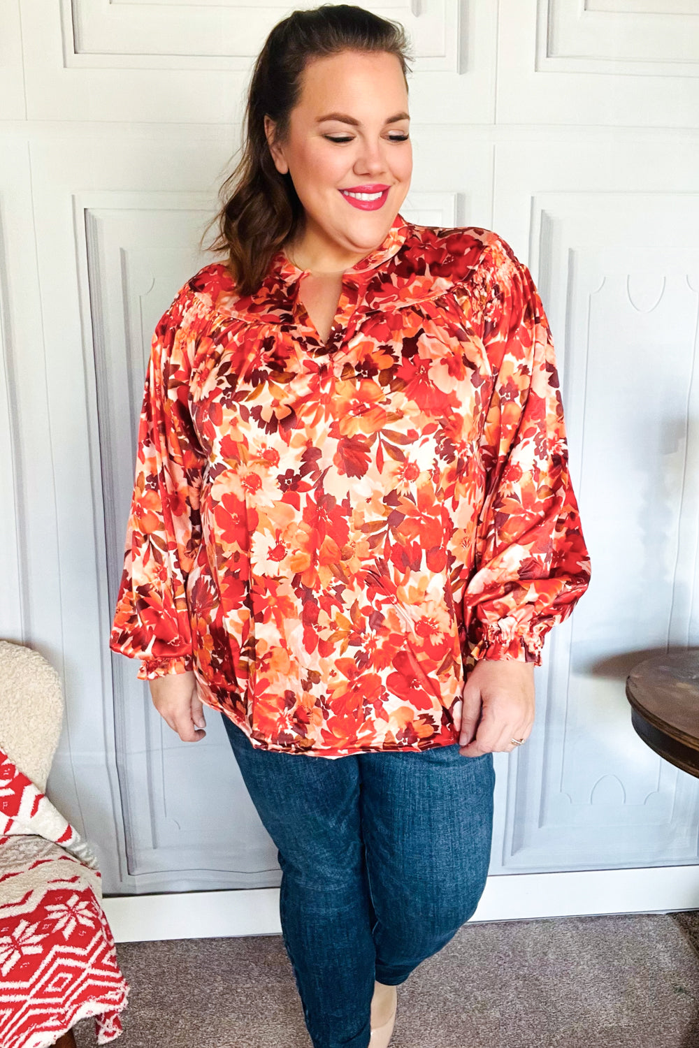 Haptics Rust Floral Print Notched Neck Smocked Satin Blouse