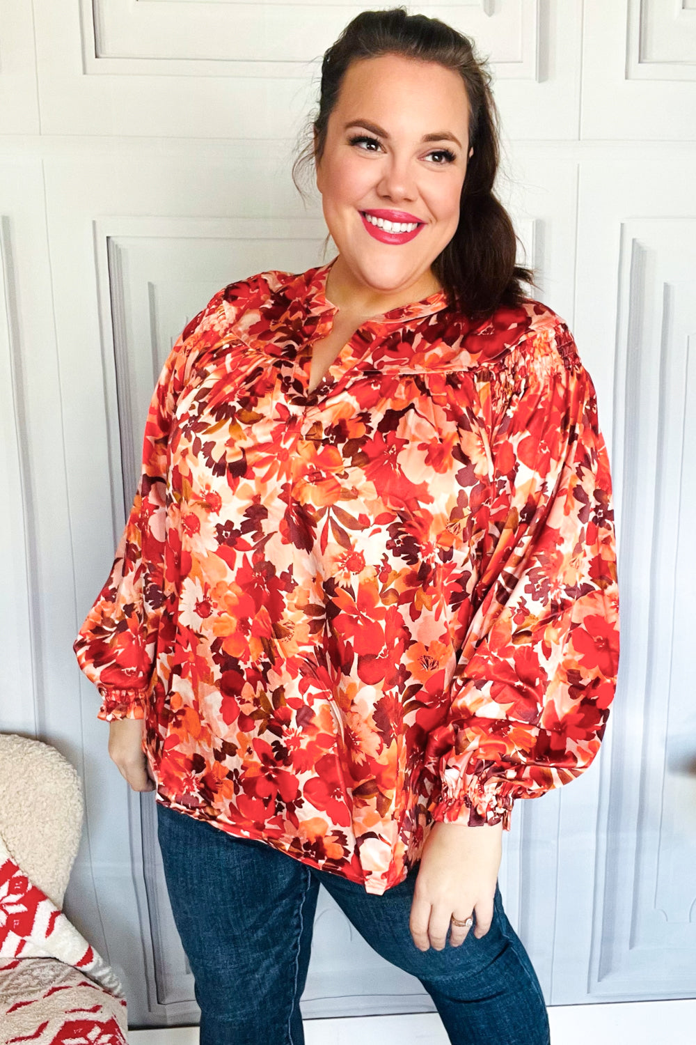 Haptics Rust Floral Print Notched Neck Smocked Satin Blouse