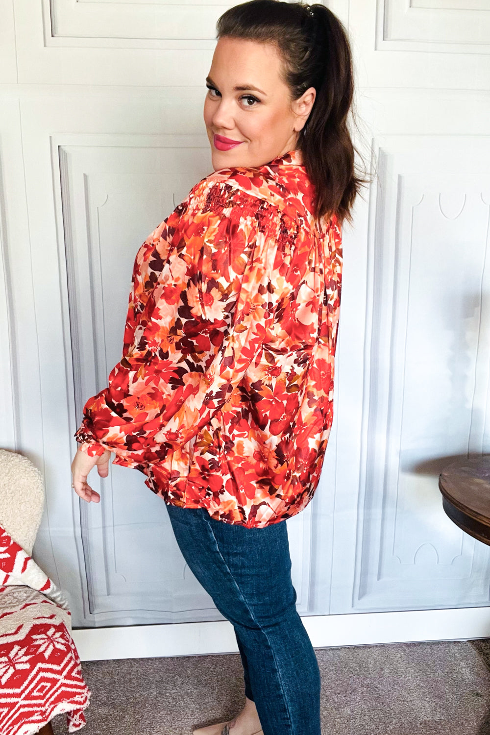 Haptics Rust Floral Print Notched Neck Smocked Satin Blouse