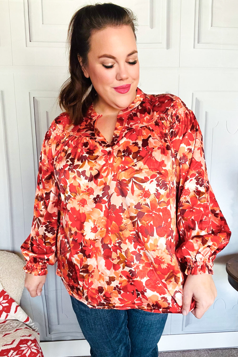 Haptics Rust Floral Print Notched Neck Smocked Satin Blouse