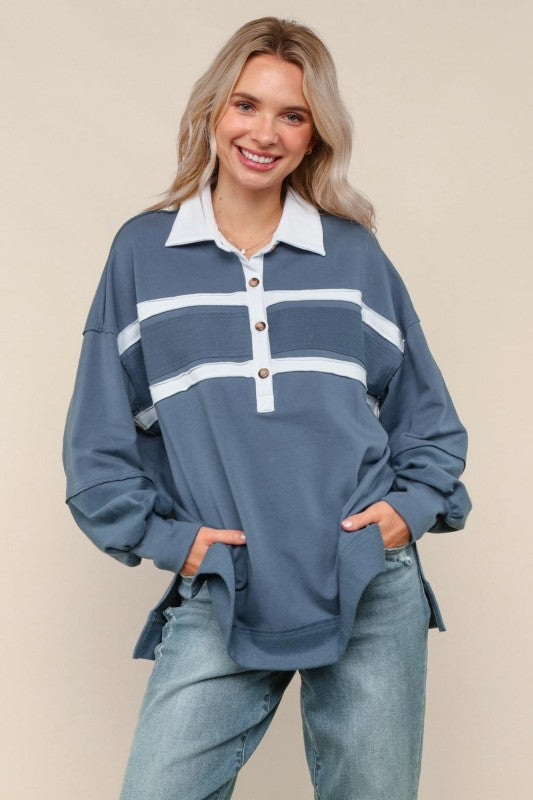 Haptics Collared Solid Loose Fit Pullover Knit Top in Slate Blue