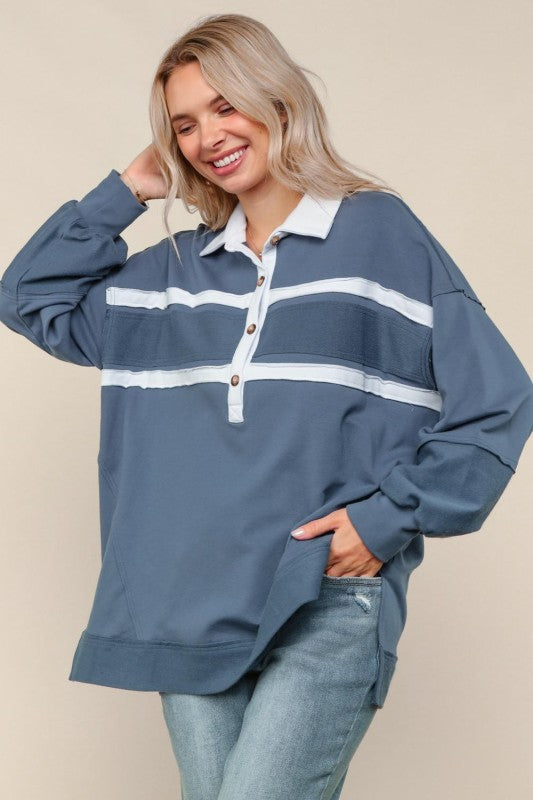 Haptics Collared Solid Loose Fit Pullover Knit Top in Slate Blue