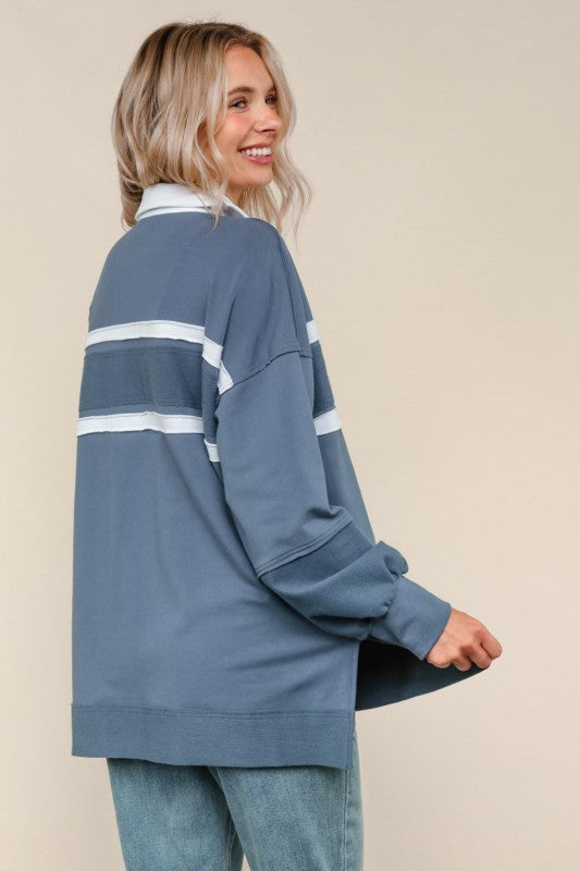 Haptics Collared Solid Loose Fit Pullover Knit Top in Slate Blue